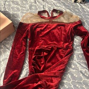 Chic Red Velvet Dress with Sheer Gold Detail